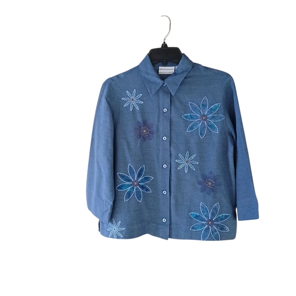 Alfred Dunner Slate Blue Floral Beaded Washable Silk Button Down Shirt Size MP - Picture 1 of 7